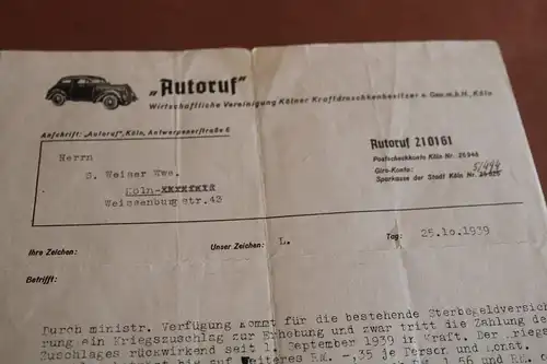 toller alter Brief  von Autoruf - Vereinigung in Köln - 1939 