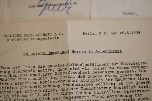 drei alte Briefe der Firma Sunlicht Gesellschaft A.G. Berlin 1939