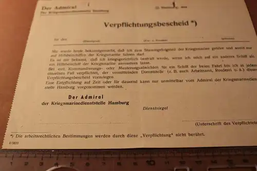 toller alter Verpflichtungsbescheid vom Admiral der Kriegsmarinedienststelle Ham