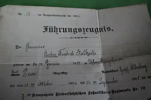 tolles altes Führungszeugnis eines Kanoniers 7. Niedersächsisches Fuß-Art.Regt. 
