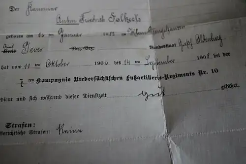 tolles altes Führungszeugnis eines Kanoniers 7. Niedersächsisches Fuß-Art.Regt. 