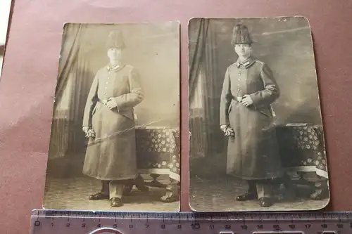 zwei tolle alte Fotos Soldat im Mantel mit Paradehelm Feldflieger-Abteilung 7 ?