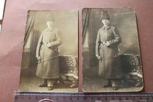 zwei tolle alte Fotos Soldat im Mantel mit Paradehelm Feldflieger-Abteilung 7 ? 