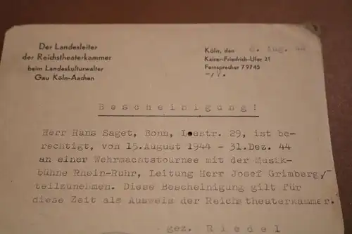 alte Bescheinigung eines Mannes für Fronttournee , Wehrmachtstournee 1944