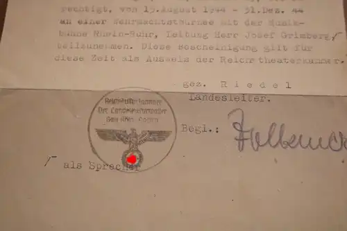 alte Bescheinigung eines Mannes für Fronttournee , Wehrmachtstournee 1944
