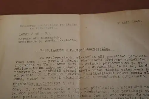 altes tschechisches Dokument, Papier - September 1945 Varnsdorf 