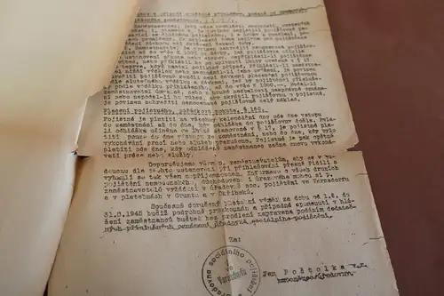altes tschechisches Dokument, Papier - September 1945 Varnsdorf 