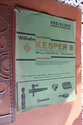 tolle alte Preisliste Firma  Wilh. Kesper II Fasskranen-Dreherei Willingen i. W