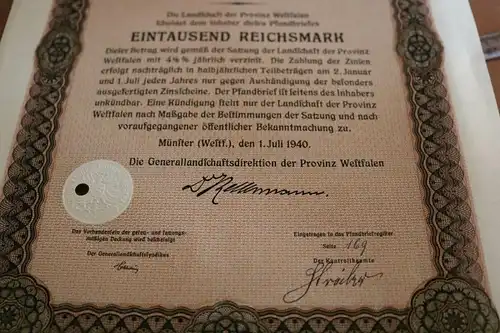 toller alter Pfandbrief - Landschaft der Provinz Westfalen 100 Reichsmark 1940