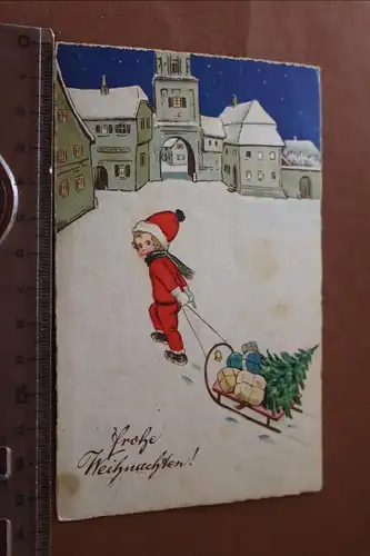 tolle alte Karte - Frohe Weihnachten - Junge mit Schlitten 1935