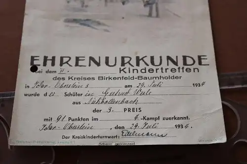 tolle alte Ehrenurkunde - II. Kindertreffen Birkenfeld-Baumholder 1934