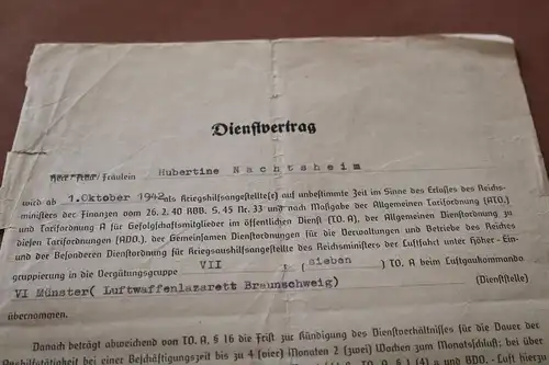 alter Dienstvertrag einer Frau Kriegshilfsangestellte - LW-Laz. Braunschweig 
