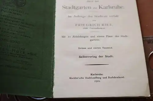 tolles altes Buch - Führer durch den Stadtgarten zu Karlsruhe 1916 - Ries