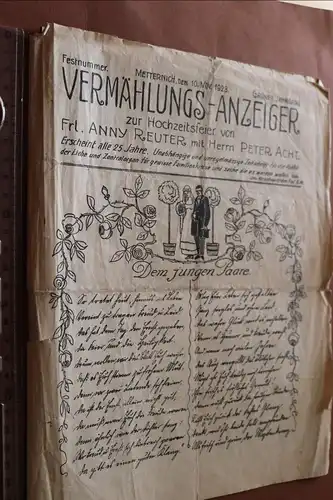 tolle alte Vermählungs-Zeitung - Metternich 1923 - Hochzeitsfeier Reuter/Acht 
