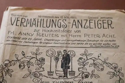 tolle alte Vermählungs-Zeitung - Metternich 1923 - Hochzeitsfeier Reuter/Acht 