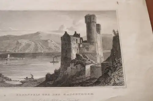 toller alter Stahlstich - Druck - Ehrenfels und der Maeusethurm 