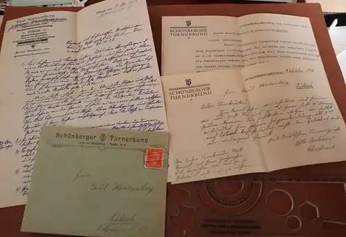 toller alter Briefumschlag des Schönberger Turnerbund 1928 mit Inhalt