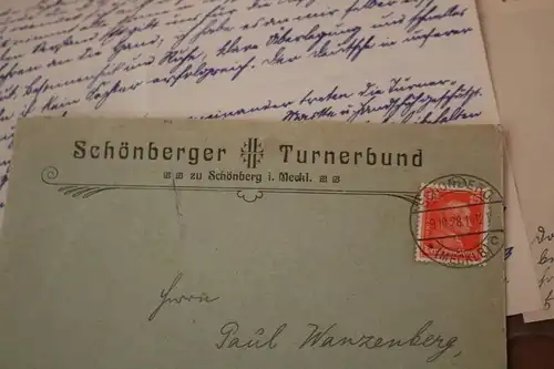 toller alter Briefumschlag des Schönberger Turnerbund 1928 mit Inhalt