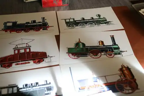 elf tolle alte Karten - vers. Lokomotiven - Zeichnung Swoboda