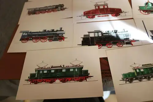 elf tolle alte Karten - vers. Lokomotiven - Zeichnung Swoboda