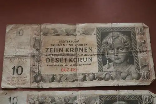 zwei alte Geldscheine 10 Kronen - Deset Korun - Böhmen und Mähren 1942