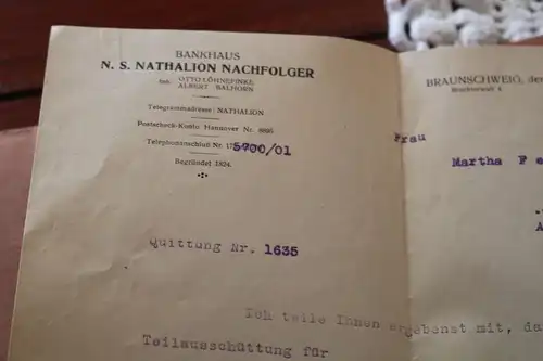 alter Briefumschlag Bankhaus N.S. Nathalion Braunschweig mit Inhalt 1929