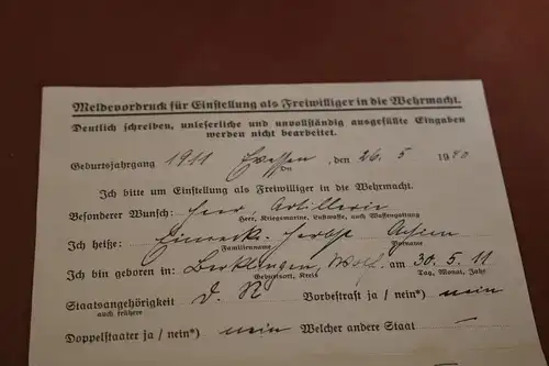 zwei alte Mitteilungen und alte Freiwilligenmeldekarte für die Wehrmacht 1940