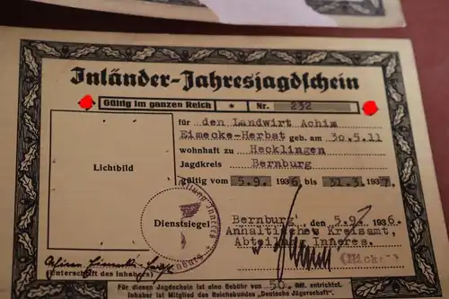 zwei alte Inländer-Jahresjagdscheine Bernburg und Wolfenbüttel  1937/38 Jäger