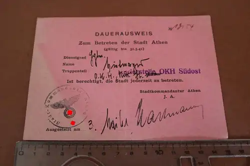 seltener alter Dauerausweis zum Betreten der Stadt Athen Griechenland 