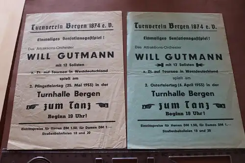 zwei alte Werbezettel des TV Bergen 1874 e.V.  1953  Orchester Will Gutmann