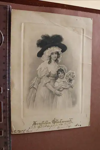 sehr alte Glückwunschkarte Druck Mutter und Tochter ? 1906