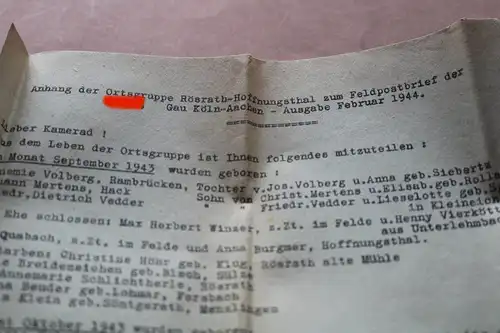 interessantes altes Schreiben an die Front - Verleihungen Rösrath-Hoffnungsthal 