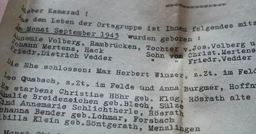 interessantes altes Schreiben an die Front - Verleihungen Rösrath-Hoffnungsthal 