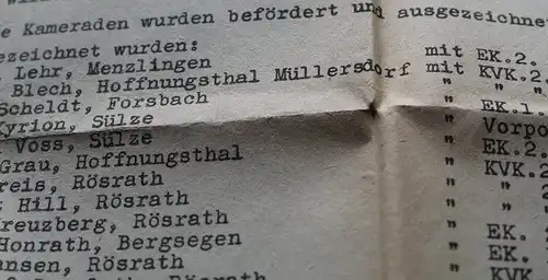 interessantes altes Schreiben an die Front - Verleihungen Rösrath-Hoffnungsthal 