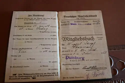 tolles altes Mitgliedsbuch des Deutschen Verkehrsbund 1927 Duisburg