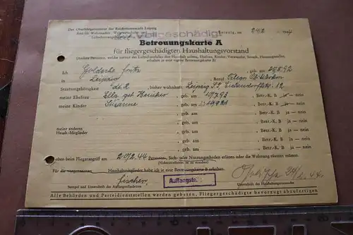 interessante alte Betreuungskarte A für fliegergeschädigten Haushalt - Leipzig 