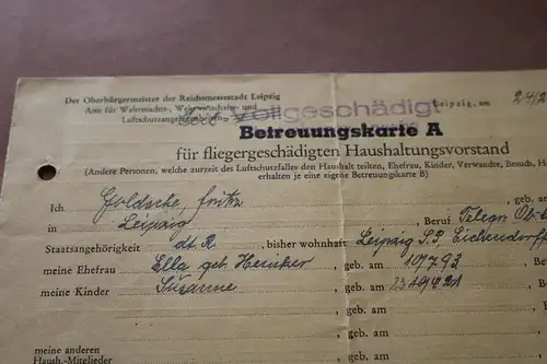 interessante alte Betreuungskarte A für fliegergeschädigten Haushalt - Leipzig