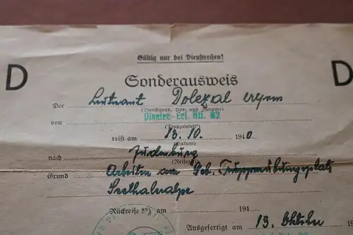 interessanter alter Sonderausweis D für Dienstreisen - 1940 Pio.Ers.Batl 82