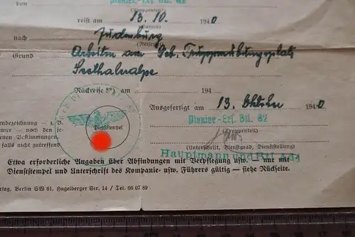 interessanter alter Sonderausweis D für Dienstreisen - 1940 Pio.Ers.Batl 82