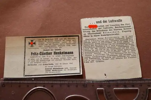 zwei alte Zeitungsausschnitte - OL Bornschein Pilot und Gedenkanzeige eines Sold