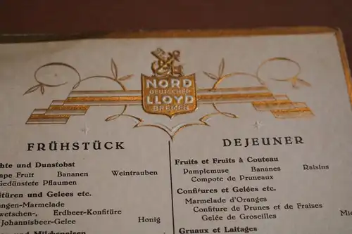 tolle alte Frühstückskarte deutsch/Französisch Nordd. Lloyd Dampfer von Steuben