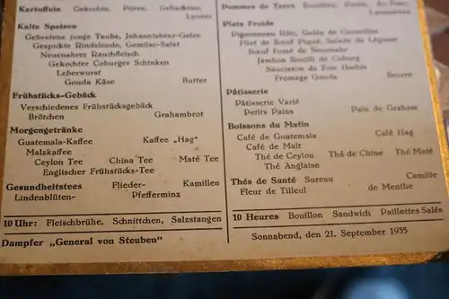 tolle alte Frühstückskarte deutsch/Französisch Nordd. Lloyd Dampfer von Steuben