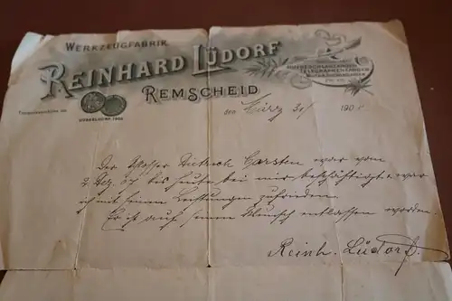 toller alter Briefkopf - Werkzeugfabrik Reinhard Lüdorf - Remscheind 1908 signi