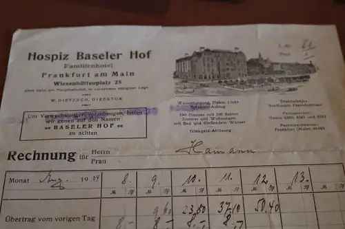 tolle alte Rechnung Hospiz Baseler Hof - Frankfurt a.M. 1924