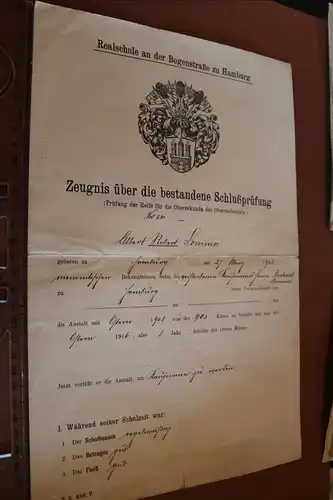 tolles altes Zeugnis Realschule Bogenstraße zu Hmaburg - Abschluß 1917