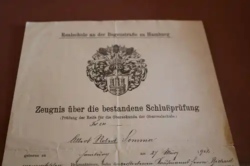 tolles altes Zeugnis Realschule Bogenstraße zu Hmaburg - Abschluß 1917