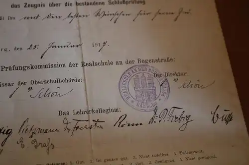 tolles altes Zeugnis Realschule Bogenstraße zu Hmaburg - Abschluß 1917