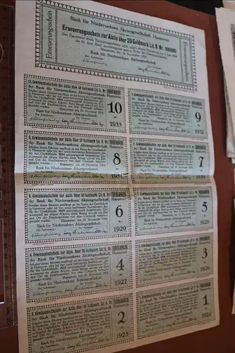 Bank für Niedersachsen AG Hannover - Erneuerungsschein zur Aktie 1924