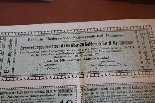 Bank für Niedersachsen AG Hannover - Erneuerungsschein zur Aktie 1924