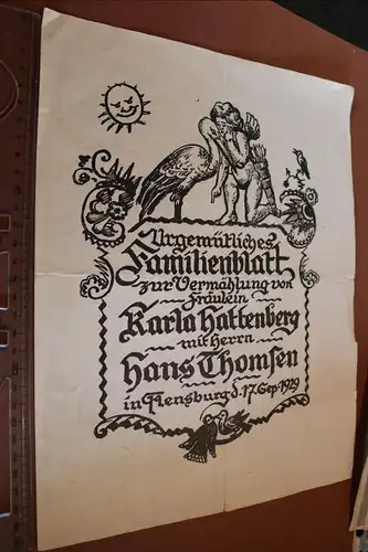 altes Hochzeitsblatt  Vermählung in Flensburg 1929